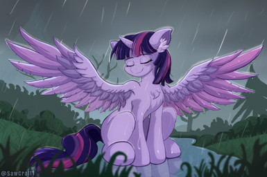 abstract_background female feral fur grass horn plant purple_body purple_fur raining solo tree water wings sawcraft1 friendship_is_magic hasbro my_little_pony mythology twilight_sparkle_(mlp) equid equine mammal mythological_creature mythological_equine winged_unicorn 2025 hi_res