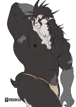 anthro armpit_hair barazoku black_body body_hair clothed clothing fur grey_body hair happy_trail long_hair magenta_eyes male multicolored_body multicolored_fur muscular muscular_male nipples partially_clothed pose raised_arm short_tail solo spiky_hair standing tail text thong underwear white_body fuyifuji nintendo patreon pokemon generation_8_pokemon obstagoon pokemon_(species) 2026 absurd_res colored digital_drawing_(artwork) digital_media_(artwork) hi_res url