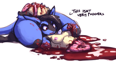 amputation amputee anthro bisected black_body black_fur black_hair blood blue_body blue_fur bodily_fluids breasts dialogue disability double_amputee female fur gore gore_focus guts hair intestines missing_all_arms organs red_eyes solo text pnklopunny nintendo pokemon generation_4_pokemon lucario pokemon_(species) 16:9 english_text hi_res widescreen