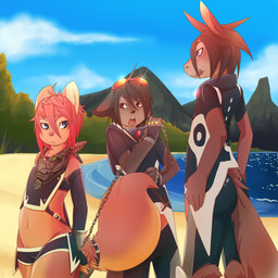 alternative_fashion anthro beach blue_eyes chain clothed clothing cloud detailed_background eyewear fluffy group hoodie kemono male midriff navel outside puffy punk purple_eyes red_eyes sand seaside sky spine sun sunglasses tail tongue topwear water rudragon enza canid canine canis domestic_dog equid equine fox horse mammal 1:1 absurd_res hi_res
