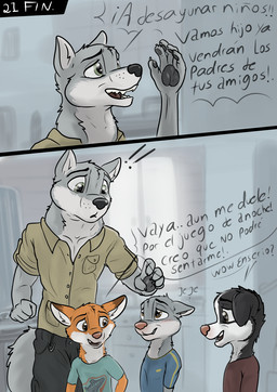 adolescent age_difference anthro blush clothing dialogue fur inside looking_at_another male multicolored_body multicolored_fur older_male open_mouth text two_tone_body two_tone_fur young younger_male wolfyalex96 canid canine canis domestic_dog fox mammal wolf 2026 comic hi_res spanish_text translation_request