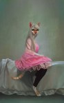 anthro bed_sheet bedding clothed clothing dress female hair long_hair pink_clothing pink_dress sitting solo tail bra1neater domestic_cat felid feline felis mammal 2020 digital_media_(artwork) hi_res portrait