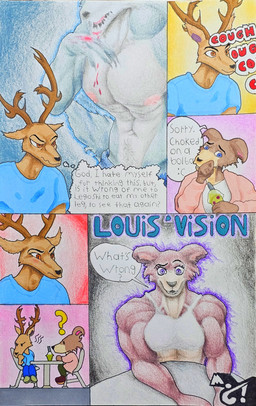 abs annoyed anthro biceps blood blush bodily_fluids dialogue female group male male/female muscular muscular_female muscular_male nipples pecs question_mark text trio marthan_crowl_(artist) beastars juno_(beastars) legoshi_(beastars) louis_(beastars) canid canine canis deer mammal wolf absurd_res comic english_text hi_res