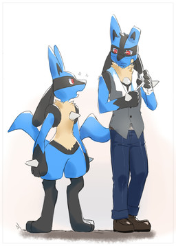 amazed anthro anthrofied bandage black_body black_fur black_inner_ear blue_body blue_bottomwear blue_clothing blue_ears blue_fur blue_pants bottomwear chest_spike clothed clothed/nude clothing digitigrade duo eyewear front_view fur glasses gloves_(marking) grey_clothing grey_topwear grey_vest hand_wraps head_tuft leg_markings male markings mouth_closed nude pants plantigrade pupils red_eyes simple_background slit_pupils socks_(marking) sparkles spikes spikes_(anatomy) standing tan_body tan_fur topwear tuft vest white_background wraps t.y.stars nintendo pokemon generation_4_pokemon lucario pokemon_(species) absurd_res hi_res
