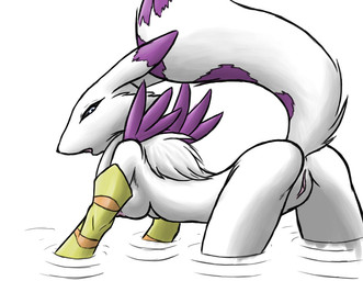 all_fours alternate_color anthro black_sclera breasts butt clothing female fur genitals gloves handwear looking_at_viewer looking_back neck_tuft nipples presenting purple_body purple_fur raised_tail side_view simple_background solo tail tuft vulva water white_background white_body white_fur furball bandai_namco digimon fan_character gaenamon canid canine digimon_(species) gatomon hybrid mammal renamon digital_media_(artwork) source_request