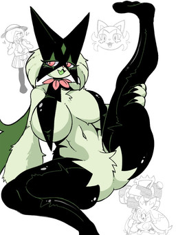 anthro big_breasts biped bodily_fluids bottomwear breast_curtains breasts clothing eyelashes eyes_closed female fur green_body green_tongue group hair hair_over_eye hat headgear headwear heart_symbol holding_melee_weapon holding_object holding_weapon mask melee_weapon necktie one_eye_obstructed open_mouth open_smile pose pupils raised_leg skirt slit_pupils smile spread_legs spreading standing tears teeth tongue weapon white_sclera osakana2gou nintendo pokemon generation_9_pokemon human mammal meowscarada pokemon_(species) sprigatito tinkaton 2022 3:4