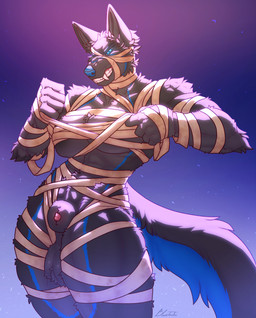 abs animal_genitalia animal_penis anthro balls big_balls big_breasts blue_eyes blue_markings blue_nose breasts canine_genitalia canine_penis clothing costume eyebrows fighting_pose fist fluffy fluffy_tail fur genitals gradient_background grey_body grey_fur gynomorph halloween_costume holidays intersex looking_at_viewer markings mummy_costume mummy_wrappings muscular muscular_gynomorph muscular_intersex muscular_thighs penis penis_tip pointy_ears pose prick_ears raised_fist raised_hand saggy_balls sheath simple_background snarling solo tail teeth text thick_thighs bluetashi halloween null_(nullthewolf) canid canine canis mammal wolf artist_name digital_media_(artwork) hi_res portrait three-quarter_portrait