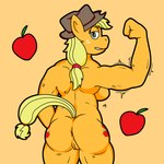 anthro anus apple biped blonde_hair breasts butt clothing cowboy_hat cutie_mark female female_anthro flexing flexing_bicep food freckles fruit genitals green_eyes hair hat hat_only headgear headgear_only headwear headwear_only humanoid_vulva looking_at_viewer mostly_nude muscular muscular_anthro muscular_female plant smile solo tail iced-tea friendship_is_magic hasbro my_little_pony applejack_(mlp) earth_pony equid equine horse mammal pony 1:1 digital_media_(artwork) hi_res