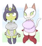 anthro big_breasts blush bodily_fluids breasts clothed clothing duo featureless_feet feet female frown hands_behind_back legwear looking_at_viewer simple_background smile stockings sweat fufucatu animal_crossing nintendo ankha_(animal_crossing) olivia_(animal_crossing) domestic_cat felid feline felis mammal