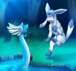 absoleon blue_body blue_skin darkmirage dragonair duo eeveelution feathered_wings feathers feral generation_1_pokemon generation_4_pokemon glaceon head_wings male nintendo pokemon pokemon_(species) rekuuza surprise wings