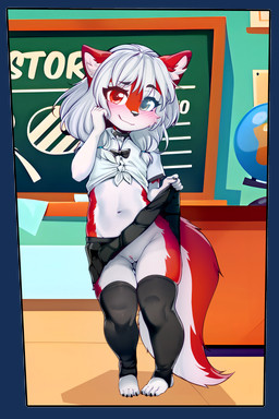 anthro biped blush bottomwear clothed clothing clothing_lift detailed_background eyebrows eyelashes female front_view fur genitals hair heterochromia inside legwear loli looking_at_viewer midriff multicolored_body navel no_underwear plantigrade pupils red_body red_fur skirt skirt_lift smile solo thick_thighs thigh_highs topwear vulva white_body white_fur white_hair young young_female ai_assisted ai_generated_background sicmop freya_frost canid canine canis mammal wolf 2:3 absurd_res alpha_channel hi_res