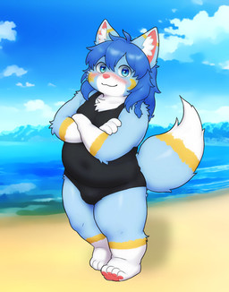 beach blue_body blue_eyes blue_fur blush clothing crossed_arms fur hair male moon overweight pawpads pink_nose pink_pawpads sea smile solo star swimwear water white_body white_fur yellow_body yellow_fur young mkwolf2022 canid canine fox humanoid mammal hi_res