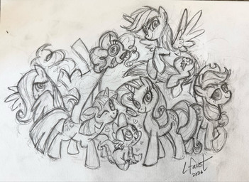 curly_hair female feral flying group hair heart_symbol horn male simple_background wings lauren_faust_(artist) friendship_is_magic hasbro my_little_pony mythology applejack_(mlp) fluttershy_(mlp) pinkie_pie_(mlp) rainbow_dash_(mlp) rarity_(mlp) spike_(mlp) twilight_sparkle_(mlp) dragon earth_pony equid equine horse mammal mythological_creature mythological_equine mythological_scalie pegasus pony scalie unicorn 2026 hi_res signature sketch traditional_media_(artwork)