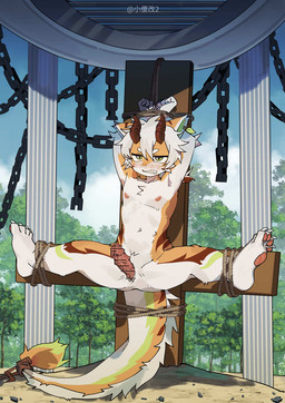 2_horns animal_genitalia annoyed anthro bdsm blush bondage bound censor_bar chain clenched_teeth cross embarrassed erection front_view genital_slit genitals hair hands_above_head hands_tied horn inverted_cross kemono male nude outside penile_spines penis plant restrained sackless slim solo spread_legs spreading teeth tree white_hair yellow_body toye2004 mythology dragon mythological_creature mythological_scalie scalie censored digital_media_(artwork) hi_res