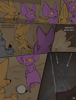 ball big_ears bomb bone cloak clothing explosion explosives gameplay_mechanics purple_body skeleton soccer_ball text wings yellow_eyes conditional_dnp dacad nemo_(dacad) zipper_(dacad) bat canid canine fox goblin mammal comic english_text hi_res