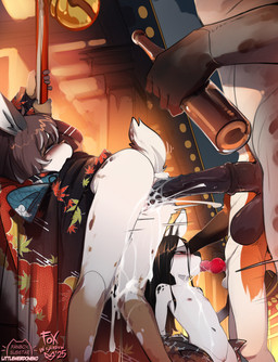 age_difference animal_genitalia animal_penis anthro anthro_on_anthro anthro_penetrated anthro_penetrating anthro_penetrating_anthro asian_clothing balls biped bodily_fluids bottle brown_hair canine_genitalia canine_penis clothing container cum cum_in_mouth cum_in_vagina cum_inside east_asian_clothing equine_genitalia equine_penis erection female female_penetrated fur genital_fluids genitals group hair japanese_clothing knot male male/female male_penetrating male_penetrating_female medial_ring navel older_male oral penetration penile penile_penetration penis penis_in_vagina sex tail vaginal vaginal_penetration vulva young young_anthro young_female younger_female younger_penetrated foxinshadow fiadh_(bagginsbandb) keiko_(foxinshadow) cervine deer mammal sika_deer hi_res