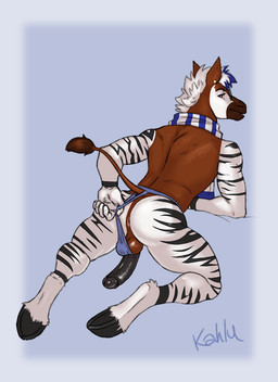 anthro anus backsack balls bedroom_eyes butt clothing clothing_pull ear_piercing erection eyewear fur genitals glasses hair half-closed_eyes hooves humanoid_genitalia humanoid_penis jockstrap jockstrap_pull looking_back looking_pleasured lying male narrowed_eyes on_front penile_spines penis penis_backwards piercing presenting presenting_anus presenting_hindquarters scarf seductive simple_background smile solo stripes tail underwear underwear_pull wearing_glasses kahlu giraffid mammal okapi colored digital_drawing_(artwork) digital_media_(artwork) shaded