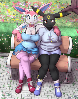 anthro bench black_body black_fur blush bottomwear breasts cleavage clothed clothing duo female flower footwear fur hoodie looking_at_viewer open_mouth park park_bench plant shoes skirt socks topwear an-tonio nintendo pokemon eeveelution generation_2_pokemon generation_6_pokemon pokemon_(species) sylveon umbreon absurd_res digital_media_(artwork) hi_res huge_filesize