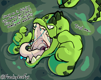 anthro back_spikes bodily_fluids claws dialogue dripping gesture hand_gesture imminent_vore inviting looking_at_viewer male narrowed_eyes open_mouth partially_submerged pointing pointing_at_self saliva saliva_drip saliva_on_tongue saliva_string sharp_teeth solo spikes spikes_(anatomy) swamp tail teeth text throat tongue tongue_out vore vore_invitation water freakyassfur crocodilian reptile scalie absurd_res artist_name english_text hi_res signature