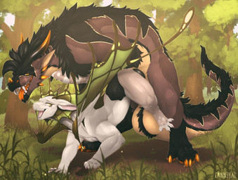 ambiguous_penetration balls big_balls black_body black_fur black_mane brown_body brown_fur claws duo female female_feral feral feral_on_feral feral_penetrated feral_penetrating feral_penetrating_feral fur genitals larger_feral larger_male male male/female male_feral mane mating_grip open_mouth orange_claws orange_pawpads pawpads penetration scales sex size_difference smaller_female smaller_feral smaller_penetrated white_body white_scales cannibalistic_tendencies mythology jaeger_(lewddragons) dragon felkin furred_dragon furred_scalie mythological_creature mythological_scalie scalie hi_res