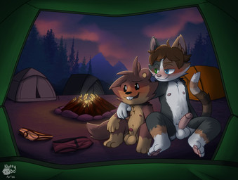 anthro balls blush briefs brown_body camping clothing duo erection genitals hair humanoid_genitalia humanoid_penis male male/male nude outside penis plant public tail tent tree underwear young nutty_bo bo_(nutty_bo) mammal rodent sciurid tree_squirrel hi_res