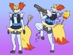 anthro blue_clothing blue_panties blue_underwear cjk_character clothed clothing crossdressing fire flamethrower maid_uniform male panties pseudo_clothing ranged_weapon solo underwear uniform weapon sirdoomwolf menacing_(meme) nintendo pokemon braixen generation_6_pokemon pokemon_(species) 4:3 hi_res meme