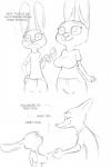 :3 anthro big_breasts breasts clothed clothing dialogue female freudian_slip gesture group handshake humor male simple_background smile text white_background akiric disney zootopia fan_character judy_hopps juggy_topps nick_wilde canid canine fox lagomorph leporid mammal rabbit red_fox true_fox 2017 black_and_white comic english_text monochrome