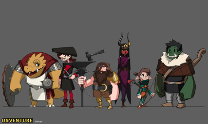 3_fingers 5_fingers anthro armor arrow_(weapon) bard barefoot beard belt belt_buckle bent_arm black_belt black_clothing black_coat black_eyes black_hair black_hat black_headwear black_helmet black_horn black_lips black_shirt black_topwear black_tunic bottomwear bow_(weapon) brown_beard brown_belt brown_bottomwear brown_clothing brown_facial_hair brown_footwear brown_hair brown_mustache brown_shawl brown_shirt brown_shoes brown_skirt brown_topwear brown_tunic buckle cape chainmail cheek_scar claw_toes claws cleric closed_smile clothed clothed_anthro clothed_female clothed_human clothed_humanoid clothed_male clothing coat digit_ring dot_eyes dress druid eyelashes facial_hair facial_scar fangs feet female female_humanoid finger_ring fingers fist footwear fully_clothed fully_clothed_female fully_clothed_human fully_clothed_humanoid fully_clothed_male fur_trim_(clothing) fur_trim_shawl gold_boots green_body green_clothing green_hair_tie green_leggings green_legwear green_shirt green_skin green_topwear grey_background grey_bottomwear grey_clothing grey_pants group grumpy hair hammer hat headgear headwear holding_bow_(weapon) holding_hammer holding_mace holding_melee_weapon holding_object holding_ranged_weapon holding_rapier holding_shield holding_sword holding_tool holding_warhammer holding_weapon horn horn_jewelry horn_ring humanoid_pointy_ears jewelry larger_anthro larger_female larger_human larger_humanoid larger_male leggings legwear light lips long_hair long_tail looking_at_another looking_at_viewer lute mace magic_user male male_anthro male_human male_humanoid melee_weapon mouth_closed muscular muscular_anthro muscular_male musical_instrument mustache open_mouth open_smile paladin pants pauldron pink_nose pirate plucked_string_instrument pointy_ears pointy_nose ponytail purple_clothing purple_dress quiver_(object) ranged_weapon rapier red_cape red_clothing red_hair_tie red_leggings red_legwear red_shirt red_tail red_tongue red_topwear red_tunic ring_(jewelry) rogue scales scar shawl shield shirt shoes short_hair simple_background simple_eyes size_difference skirt smaller_anthro smaller_female smaller_human smaller_humanoid smaller_male smile smiling_at_another standing straight_arms string_instrument stubble sword tail tan_body tan_skin teeth text thick_tail thin_eyebrows thin_tail tongue tools toothy_grin topwear tribal_spellcaster tunic tusks warhammer weapon white_claws white_clothing yellow_body yellow_scales yellow_tail inkarat_mittongtare dungeons_and_dragons hasbro oxventure wizards_of_the_coast corazon_de_ballena dob_(oxventure) egbert_(oxventure) hengist_(oxventure) merilwen prudence_(oxventure) dragonborn_(dnd) dwarf elf half-orc horned_humanoid human humanoid mammal scalie tailed_humanoid tiefling wood_elf 2019 5:3 absurd_res adobe_photoshop_(artwork) colored digital_drawing_(artwork) digital_media_(artwork) english_description english_text hi_res lighting shaded
