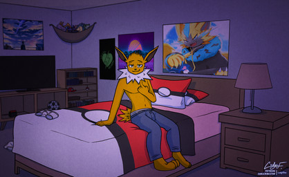 anthro anthrofied bed bed_covers bed_sheet bedding bedroom bedroom_eyes clothing furniture inside looking_at_viewer male narrowed_eyes on_bed pajama_bottoms pajama_pants pajamas picture_frame pokeball_print poster seductive sitting sitting_on_bed synthwave underwear codyf0xx nintendo pokemon fan_character zayden eeveelution generation_1_pokemon generation_7_pokemon jolteon legendary_pokemon pokemon_(species) zeraora film_grain hi_res picture_in_picture