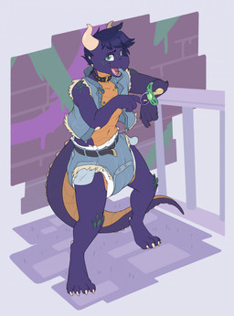 alternative_fashion anthro belt big_diaper bottomwear clothed clothing collar denim denim_bottomwear denim_clothing denim_shorts diaper diaper_under_clothing digitigrade hair hotpants looking_at_viewer male minishorts open_mouth open_smile pacifier punk purple_body purple_hair purple_scales scales shirtless_anthro shirtless_male shorts sleeveless_clothing sleeveless_jacket smile solo spiked_tail spikes spikes_(anatomy) tail wearing_diaper bubblepuppers mythology jet_(jetthedrake) dragon mythological_creature mythological_scalie scalie 2025 hi_res