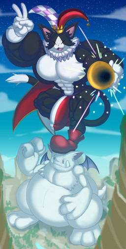 abs anthro black_body black_fur boots bulge cape clothing crown detailed_bulge duo erection fool's_hat footwear fur genital_outline gesture glans_outline gloves hand_gesture handwear hat headgear headwear jester jester_outfit machine male megaphone muscular muscular_anthro muscular_male overweight penis_outline red_boots red_cape red_clothing red_footwear shoes short_stack v_sign white_body white_clothing white_fur white_gloves white_handwear alpackers_(artist) celtic_mythology european_mythology final_fantasy final_fantasy_vii mythology square_enix cait_sith_(ff7) cat-sith domestic_cat felid feline felis mammal moogle absurd_res colored hi_res