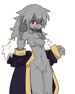 anthro biped bottomless breasts camel_toe cheek_tuft chest_tuft clothed clothing coat coat_only facial_tuft female floppy_ears fur fur_tuft genital_outline grey_body grey_fur looking_at_viewer lop_ears mostly_nude mostly_nude_anthro mostly_nude_female nipples open_clothing open_coat open_topwear red_eyes side_view simple_background slim slim_anthro slim_female small_breasts solo topwear topwear_only tuft undressing_self vulva_outline white_background pizademokttero canid canine canis domestic_dog mammal 2023 4:5 absurd_res cel_shading digital_drawing_(artwork) digital_media_(artwork) hi_res shaded