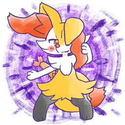 ambiguous_anthro ambiguous_gender anthro biped blush blush_stickers digitigrade dipstick_tail food front_view looking_at_viewer markings object_in_tail one_ear_up one_eye_obstructed open_mouth open_smile shrimp_(food) simple_background smile snout solo standing tail tail_markings wide_stance annyui0611 nintendo pokemon braixen canid generation_6_pokemon mammal pokemon_(species) 1:1 2024 digital_drawing_(artwork) digital_media_(artwork) full-length_portrait hi_res japanese_description portrait translated_description