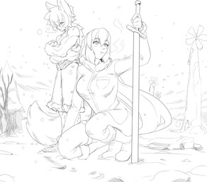 biceps boots breasts clothed clothed_female clothed_human clothing crossed_arms duo female fluffy fluffy_tail footwear fur male melee_weapon muscular muscular_male shoes snow sword tail topless topless_humanoid topless_male weapon wolf_ears thevarking balto_ulfson freya_(thevarking) animal_humanoid canid canid_humanoid canine canine_humanoid human humanoid mammal mammal_humanoid wolf_humanoid 2022 black_and_white hi_res monochrome