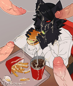 anthro big_breasts bodily_fluids breasts clothed clothing cum cum_in_food cum_string cumshot ejaculation erection female food food_in_mouth fur genital_fluids genitals group hair holding_food holding_object male male/female orgasm penis simple_background bastardo canid canine canis human mammal wolf absurd_res digital_media_(artwork) hi_res