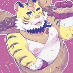 anthro belly dessert food ice_cream kemono male moobs nipples one_eye_closed overweight overweight_anthro overweight_male pink_nose solo tongue tongue_out wink un0sk felid mammal pantherine tiger 1:1 2018 hi_res