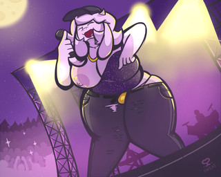 anthro areola belt_buckle big_breasts bottomwear breasts buckle cleavage clothed clothing crowd curvy_figure electronics exhibitionism exposed_breasts exposed_panties female fur group hair horn jewelry light long_ears microphone moon moonlight necklace night nipples one_breast_out open_mouth outside panties pants public public_exposure shirt smile spotlight stage standing thick_thighs topwear torn_bottomwear torn_clothing torn_pants underwear voluptuous wardrobe_malfunction white_body white_fur wide_hips sweater_pups undertale undertale_(series) toriel boss_monster_(undertale) bovid caprine mammal 2019 5:4 digital_media_(artwork)