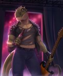 anthro beverage bottomwear claws clothed clothed_anthro clothed_male clothing gloves guitar handwear jacket male musical_instrument pants plucked_string_instrument scales sharp_teeth solo spikes spikes_(anatomy) string_instrument teeth topwear torn_clothing lunalei rocco_(tallion) dinosaur prehistoric_species reptile scalie theropod tyrannosaurid tyrannosauroid tyrannosaurus tyrannosaurus_rex 2024