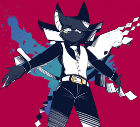 5_fingers :3 anthro biped black_body black_bottomwear black_clothing black_fur black_pants black_topwear bottomwear button_(fastener) cheek_tuft claws clothing collared_shirt ear_piercing eyebrow_through_hair eyebrows eyewear facial_tuft fingers fur fur_markings glasses gold_button_(fastener) gold_glasses golden_buckle hair hair_over_eye head_tuft humanoid_hands looking_at_viewer male markings necktie pants piercing red_background shirt simple_background solo spread_arms standing suit suit_jacket topwear translucent translucent_hair tuft wearing_glasses white_body white_clothing white_eyes white_fur white_necktie white_suit white_topwear wings suitedwolfie kairiki_bear cain_(suitedwolfie) angel bat mammal 2025 digital_drawing_(artwork) digital_media_(artwork) hi_res restricted_palette