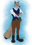 anthro boots cigar cigarillo classy claws clothed clothing footwear fur male serious shoes simple_background solo tail well_dressed ryuka rugged canid canine canis coyote mammal digital_media_(artwork) hi_res