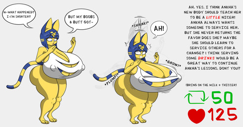 anthro big_breasts big_butt blue_hair blue_nipples breast_expansion breasts butt butt_expansion clothing expansion female fur growth_drive hair height_reduction huge_breasts huge_butt long_ears markings nipple_outline nipples onomatopoeia paws shocked short_hair solo sound_effects speech_bubble striped_markings striped_tail stripes surprised tail tail_markings text thick_thighs wardrobe_malfunction yelling yellow_body yellow_fur marshall123x_(artist) animal_crossing nintendo ankha_(animal_crossing) domestic_cat felid feline felis mammal absurd_res english_text hi_res