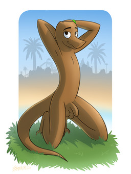 3_toes anthro balls biped blue_sky border brown_balls brown_body brown_eyes brown_genitals brown_penis day feet flaccid genitals grass hand_behind_head humanoid_genitalia humanoid_penis kneeling looking_at_viewer male nude nude_anthro nude_male outside penis plant pose raised_arms shadow silhouette silhouette_background sky solo tail toes white_border wristband samareck bassil_mccarson komodo_dragon lizard monitor_lizard reptile scalie 2025 3:4 absurd_res dated digital_media_(artwork) hi_res pinup shaded signature