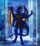 black_body black_horn black_scales blue_body blue_scales bulge clothing dripping horn houseplant male membrane_(anatomy) relaxing scales shower solo tail towel underwear wet yellow_eyes yellow_membrane selianth mythology nachtschauer dragon mythological_creature mythological_scalie scalie hi_res