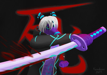abs anthro athletic athletic_anthro athletic_male black_horn blood blue_markings bodily_fluids clothing hair hoodie horn katana male markings melee_weapon navel pecs purple_body scales soft_abs solo sword topwear ventral_scales weapon white_hair kovukono mythology grydir_dacanoor_(griffonki) dragon mythological_creature mythological_scalie scalie hi_res