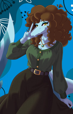 abstract_background anthro bangs belt blouse blue_body bottomwear breasts brown_bottomwear brown_clothing brown_hair brown_skirt claws clothed clothed_anthro clothed_female clothing eyelashes female finger_claws fingers freckled_breasts freckled_chest freckles front_view gesture glistening_eyelids green_blouse green_clothing green_topwear hair hand_gesture humanoid_hands jewelry long_eyelashes long_hair long_skirt long_tail looking_at_viewer medium_breasts narrowed_eyes necklace non-mammal_breasts pose skirt smile solo speckle_freckles tail topwear v_sign yellow_eyes garavakarian cavemanon_studios snoot_game aurora_(jzera28) fan_character dinosaur prehistoric_species reptile scalie colored hi_res portrait shaded three-quarter_portrait