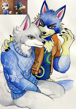 anthro black_eyes blue_body bottomless claws clothed clothing duo fur grey_body hand_on_shoulder jacket male shirt sweater topwear ulala_ko animal_crossing nintendo fang_(animal_crossing) wolfgang_(animal_crossing) canid canine canis mammal wolf hi_res traditional_media_(artwork)