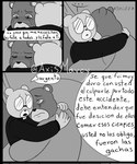 anthro biped bodily_fluids clothing crying dialogue duo eyes_closed eyewear glasses hug humanoid_hands shirt tears text topwear axismarcy unicorn_wars padre_(unicorn_wars) sargento_caricias bear mammal 2023 hi_res monochrome spanish_text translation_check translation_request