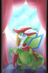 biped cape chair claws clothing detailed_background feathers feral furniture hat headgear headwear male semi-anthro smile solo throne window dinogoat fakemon final_fantasy nintendo pokemon square_enix eddy_(eduymario) fan_character red_mage_(final_fantasy) flygon generation_3_pokemon generation_5_pokemon hybrid pokemon_(species) serperior 2016 signature watermark