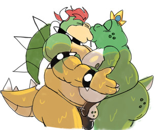 anthro balls biceps big_butt biped bodily_fluids butt cartoon_freckles deltoids dripping duo eyebrows flaccid freckled_balls freckled_butt freckled_face freckles genitals glans hair humanoid_genitalia humanoid_penis kissing male male/male male_anthro musclegut muscular muscular_anthro muscular_arms muscular_male penis red_hair saggy_balls saliva saliva_drip scales simple_background slightly_chubby white_background apolonoise mario_bros nintendo bowser wart_(mario) amphibian frog koopa scalie 2026 hi_res