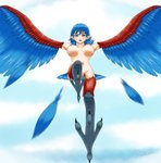 avian_feet blue_body blue_feathers blue_hair blush breasts cloud feathers feet female hair humanoid_pointy_ears low-angle_view navel nipples nude open_mouth pointy_ears red_body red_feathers solo talons toes monotsuno european_mythology greek_mythology mythology terraria animal_humanoid avian harpy harpy_(terraria) humanoid mythological_avian mythological_creature absurd_res hi_res